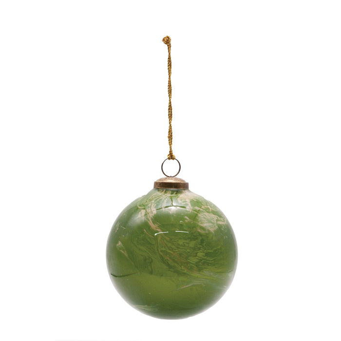 5" Round Glass Ball Ornament, Marbled Green & Gold Finish