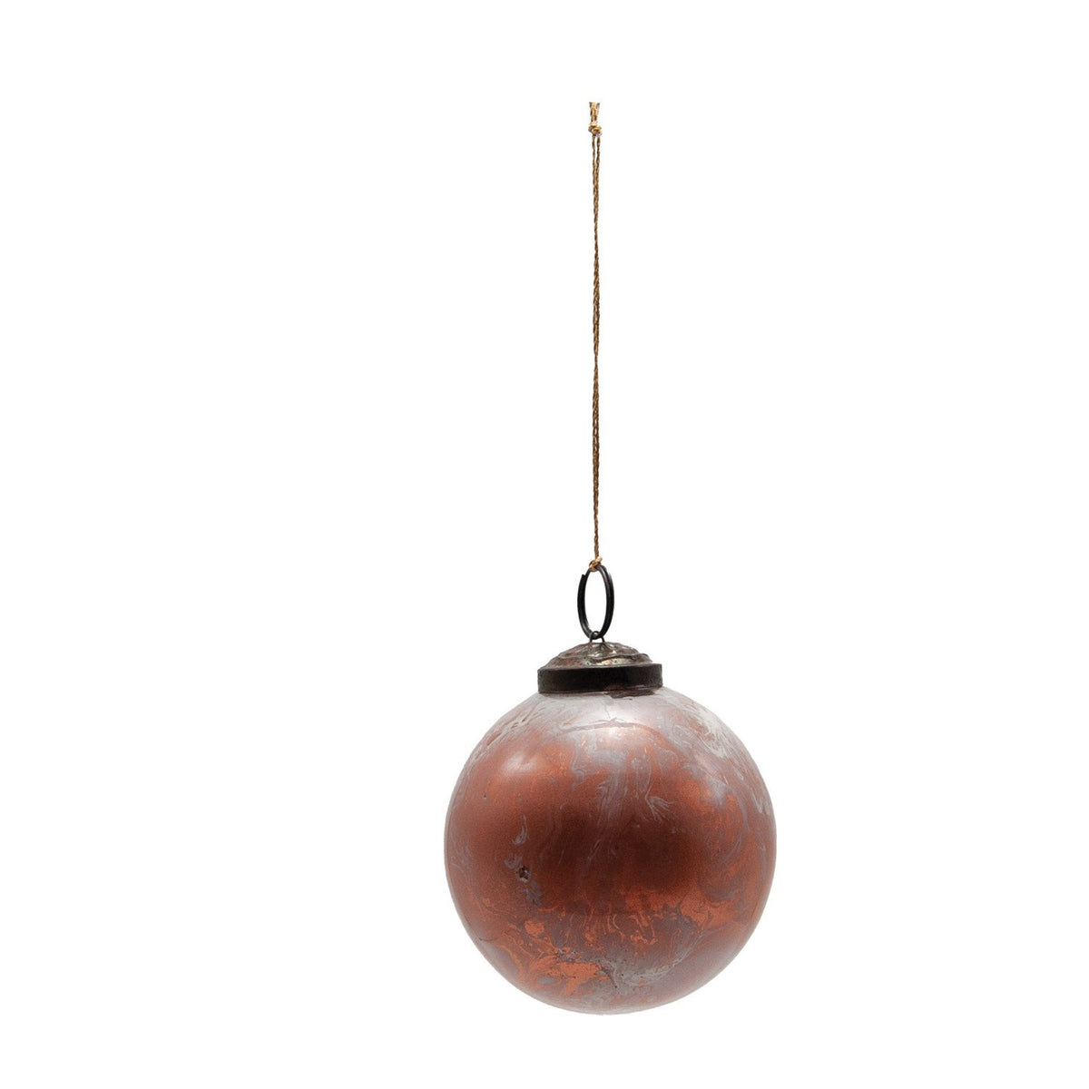 3" Round Glass Ball Ornament, Marbled Cream Color & Copper Finish