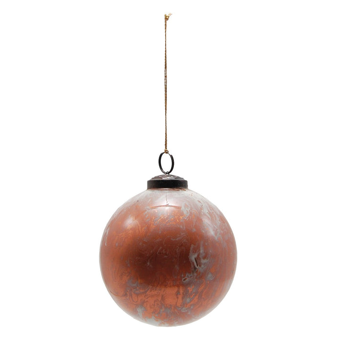 4" Round Glass Ball Ornament, Marbled Cream Color & Copper Finish