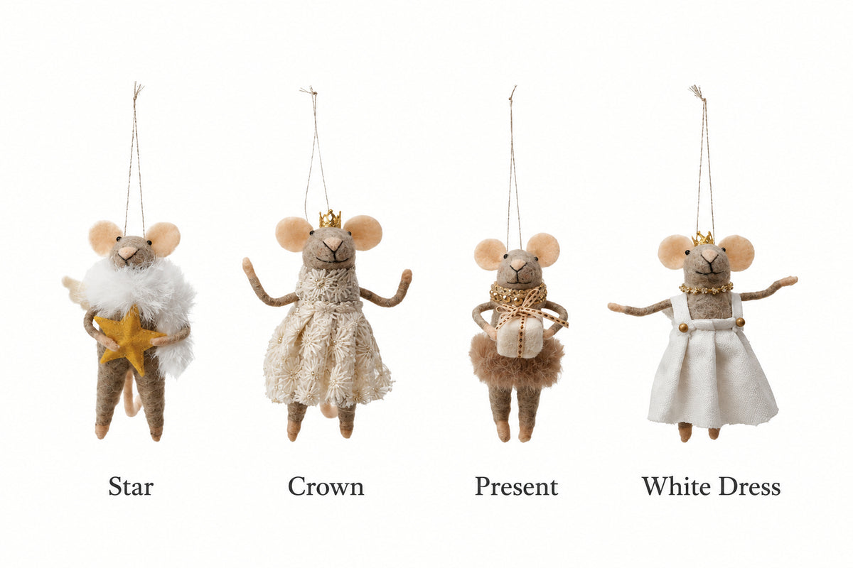 5"H Handmade Wool Felt Mouse in Party Clothes Ornament, 4 Styles