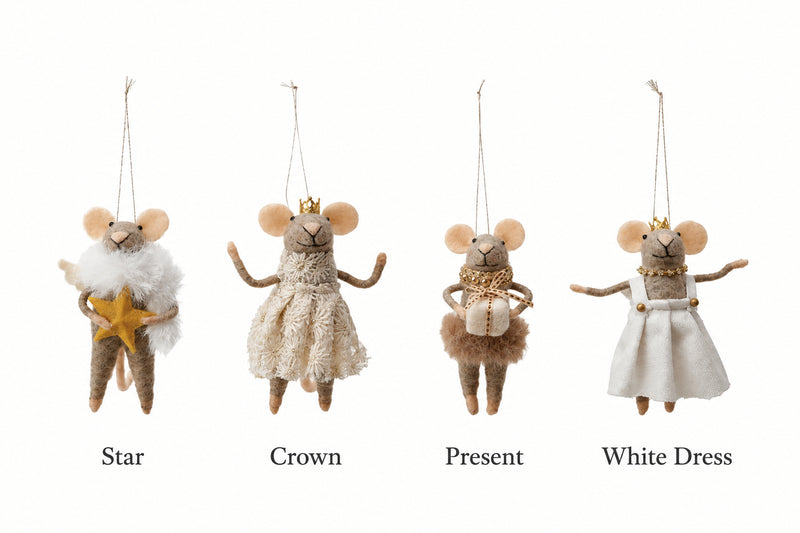 5"H Handmade Wool Felt Mouse in Party Clothes Ornament, 4 Styles