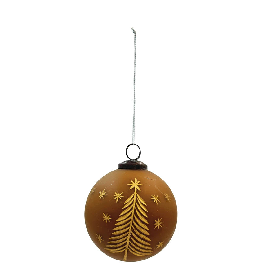Glass Ball Ornament w/Etched Trees & Stars - 2 sizes