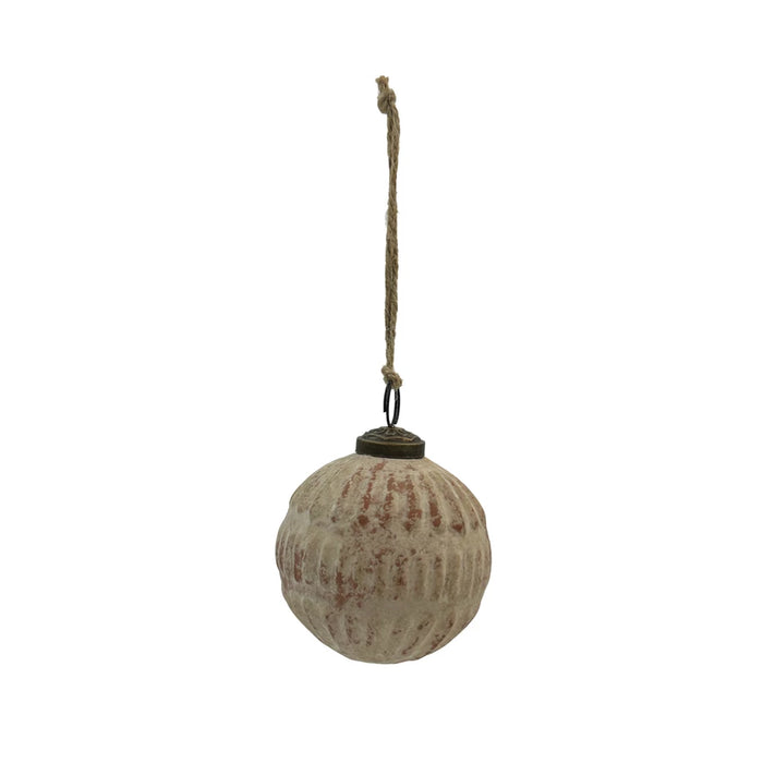 Round Embossed Glass Ball Ornament, Distressed Frosted Finish, Terra-cotta