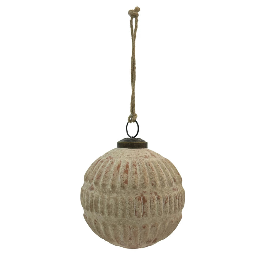 Round Embossed Glass Ball Ornament, Distressed Frosted Finish, Terra-cotta