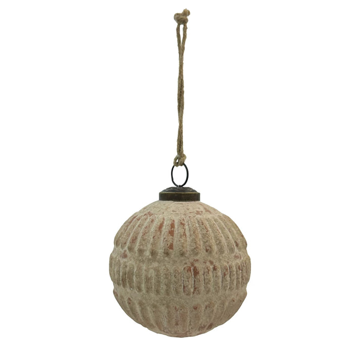Round Embossed Glass Ball Ornament, Distressed Frosted Finish, Terra-cotta