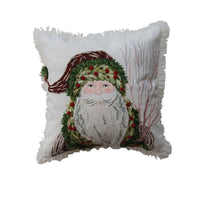 Printed Pillow with Santa, Embroidery & Fringe - 18"