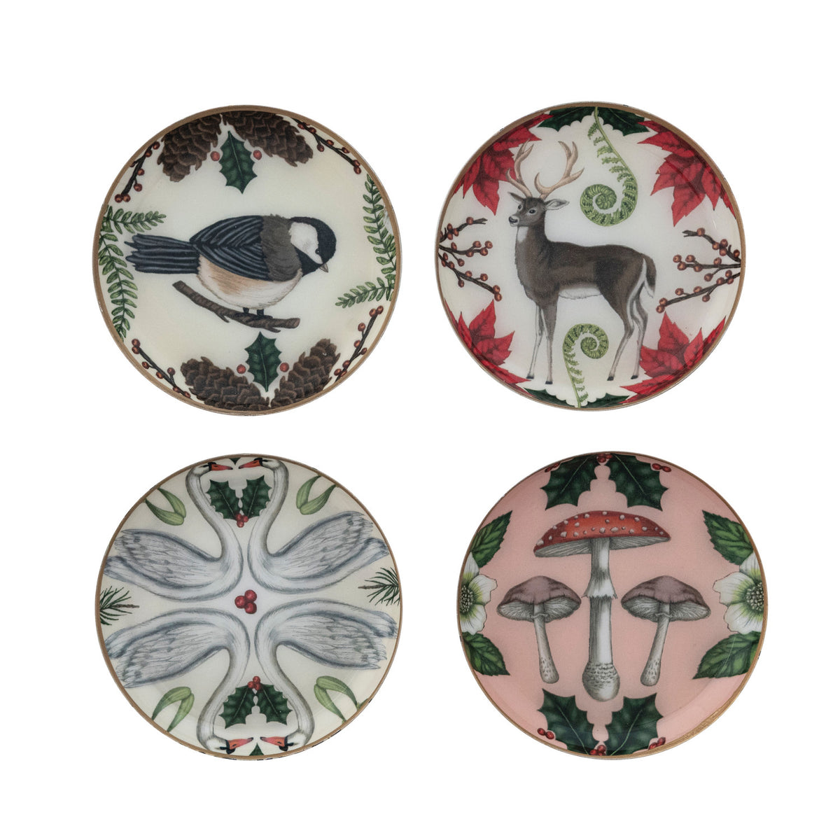 Enameled Metal Dish with Botanicals, Animals & Gold Edge
