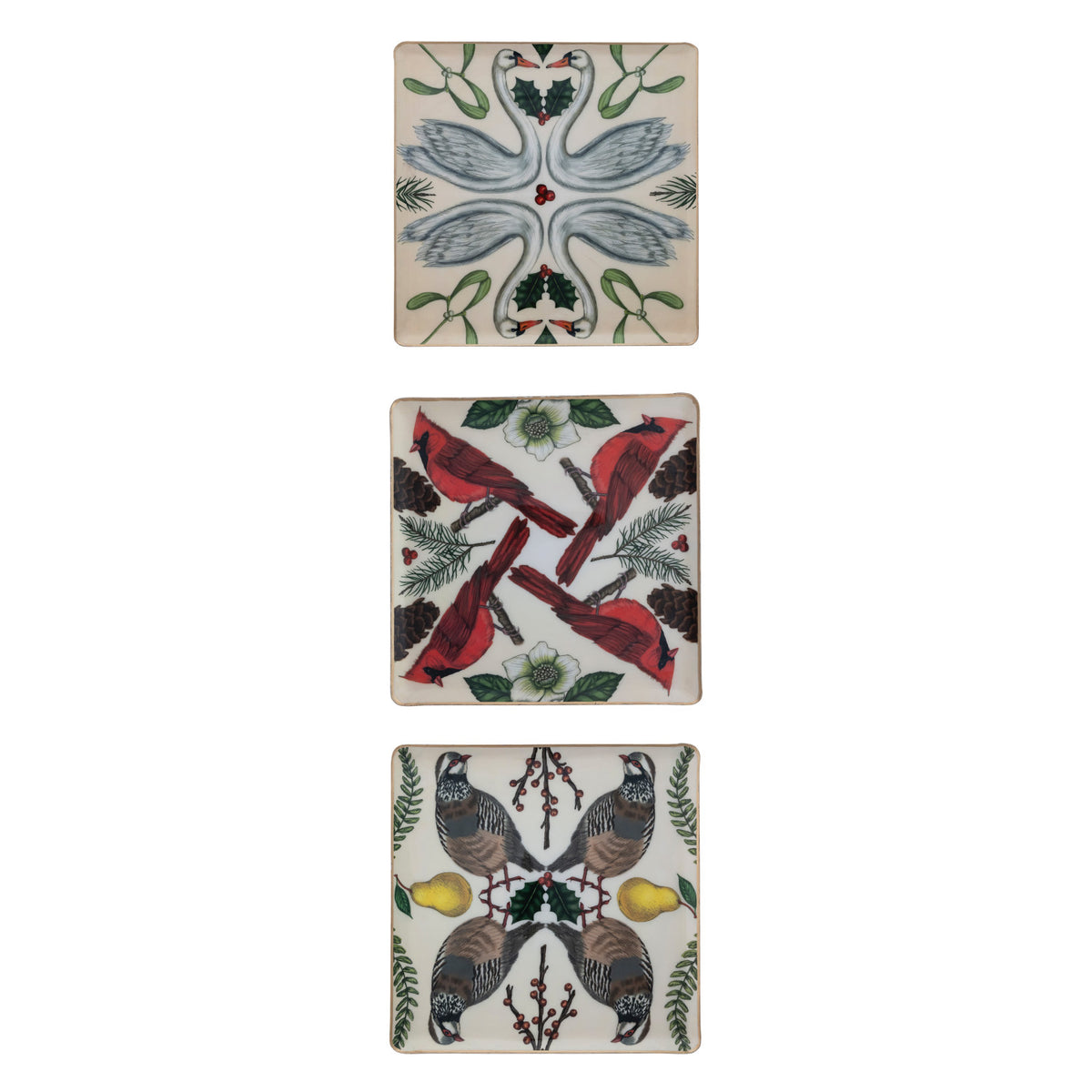 Enameled Metal Trays with Seasonal Botanicals, Birds & Gold Edges