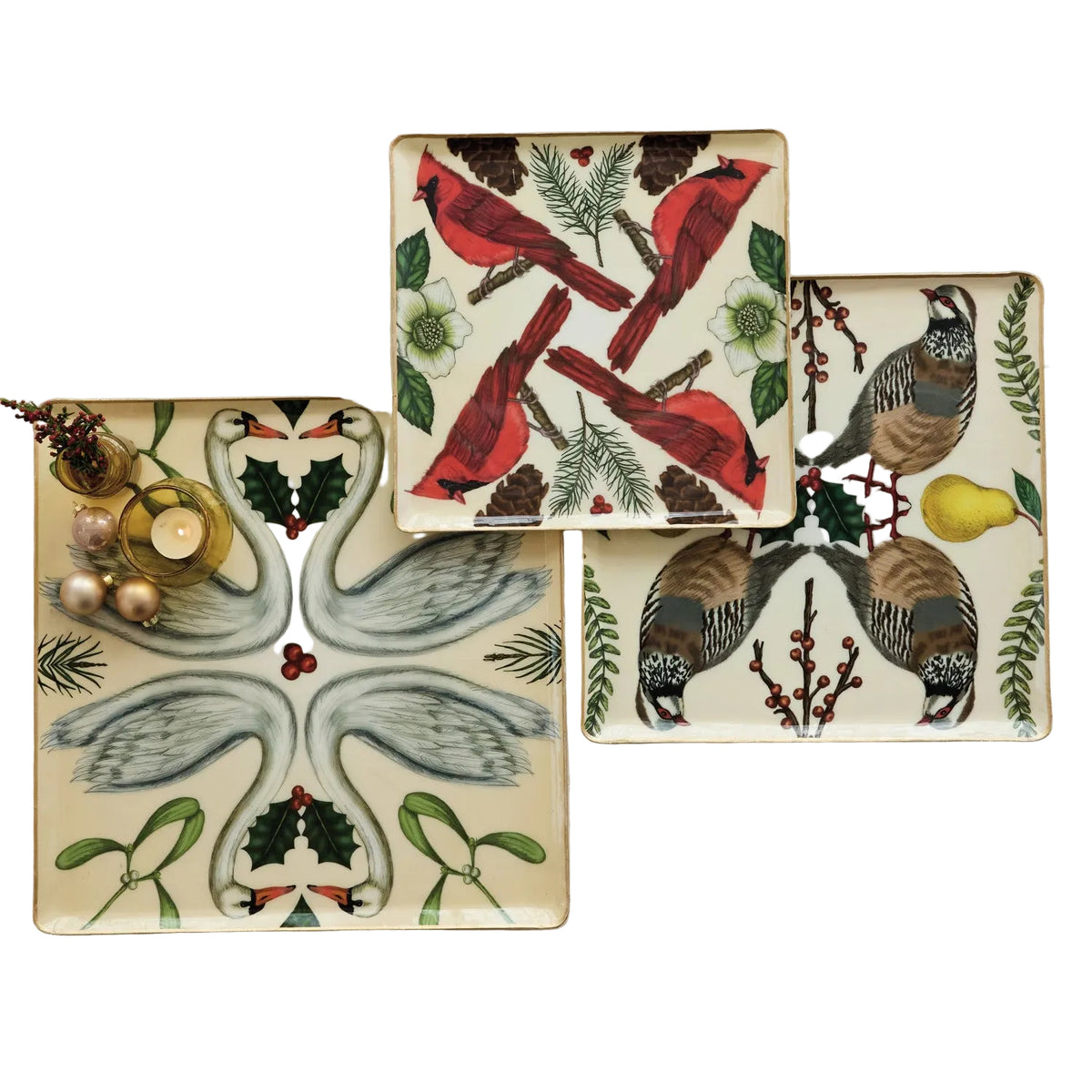 Enameled Metal Trays with Seasonal Botanicals, Birds & Gold Edges