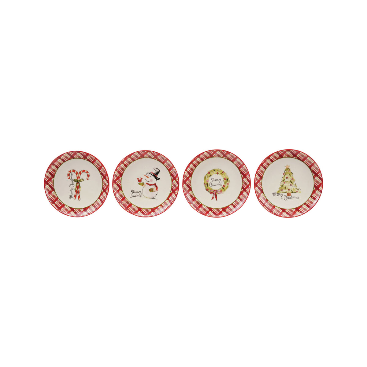 Stoneware "Merry Christmas" Plate with Holiday Image & Plaid Border, 4 Styles