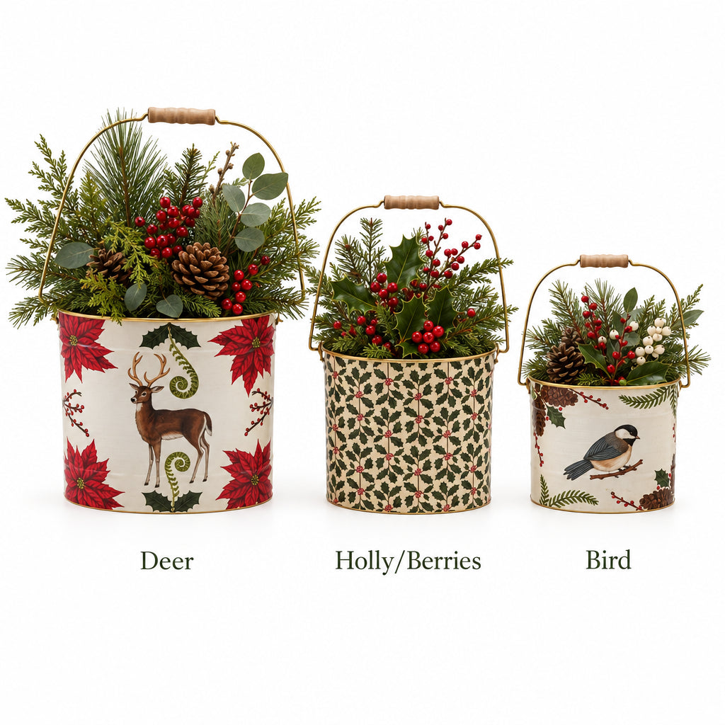 Metal Buckets with Handles & Seasonal Botanicals/Animals, Set of 3 Â©