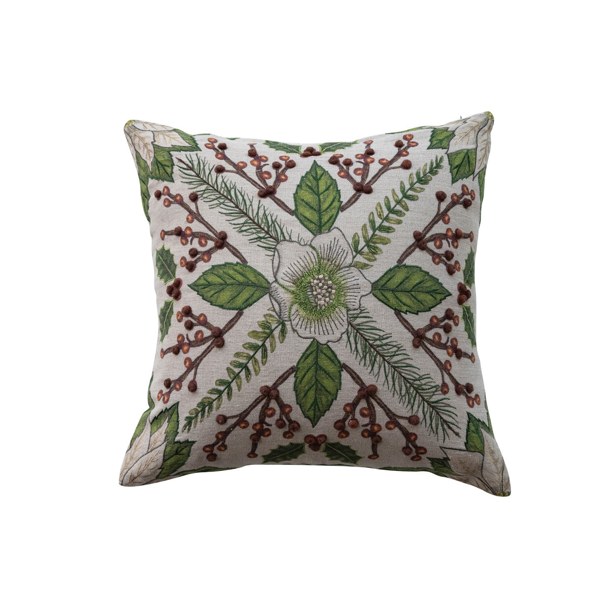 Linen Printed Pillow with Embroidery & Botanicals - 20"