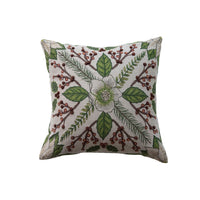 Linen Printed Pillow with Embroidery & Botanicals - 20"