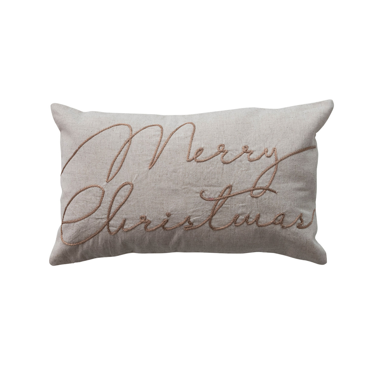 Cotton & Linen Lumbar Pillow with Embroidered "Merry Christmas", Natural & Copper Color
