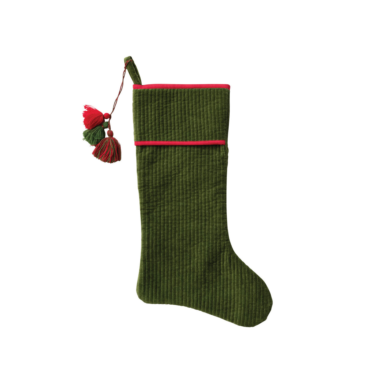 Green Velvet Quilted Stocking with Tassels