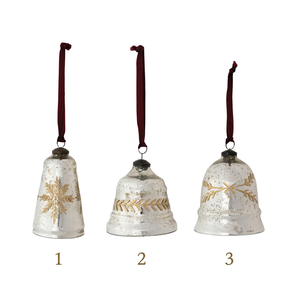Etched Mercury Glass Bell Shaped Ornament with Burgundy Velvet Ribbon, 3 Styles