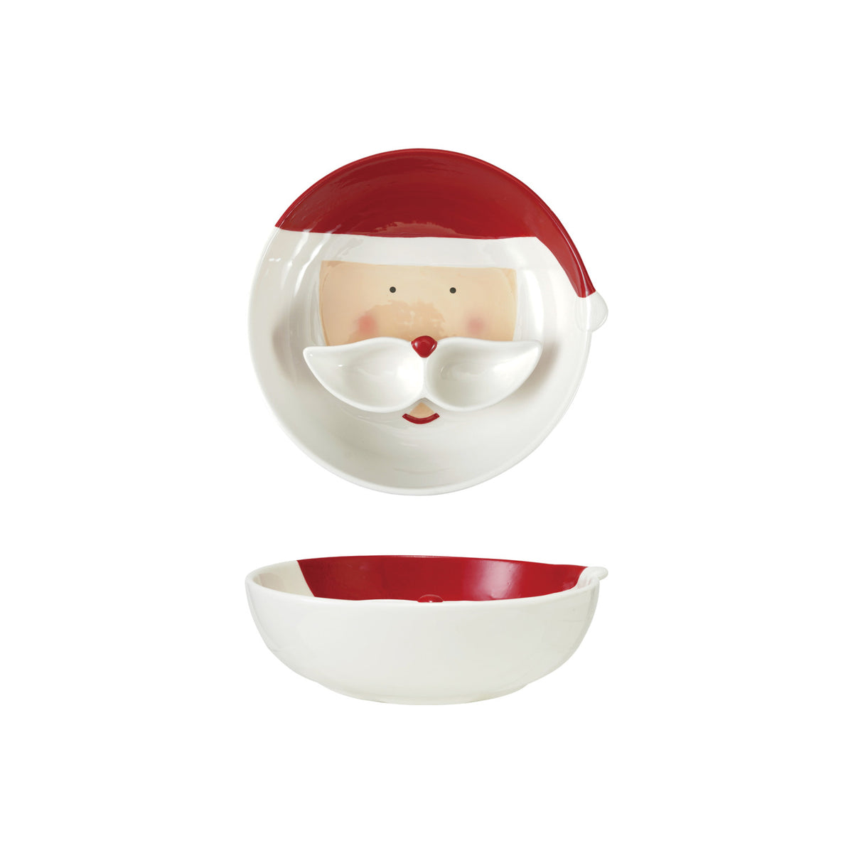 Hand-Painted Ceramic Santa Head Shaped Bowl & Mustache Dish with 2 Sections, Set of 2