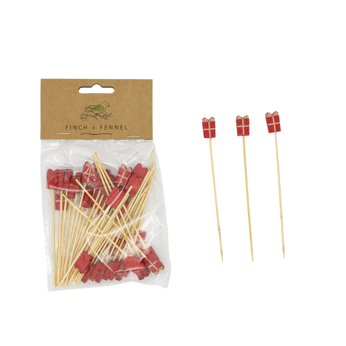 Bamboo Single Use Picks w/ Gift Shaped Handles, Natural & Red