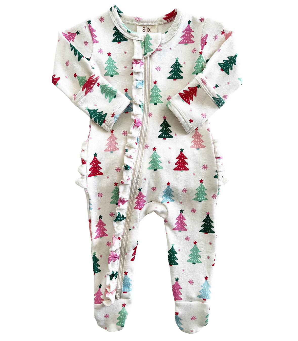 SIIX Collection - Christmas Trees Pink / Organic Frill Zip Footie
