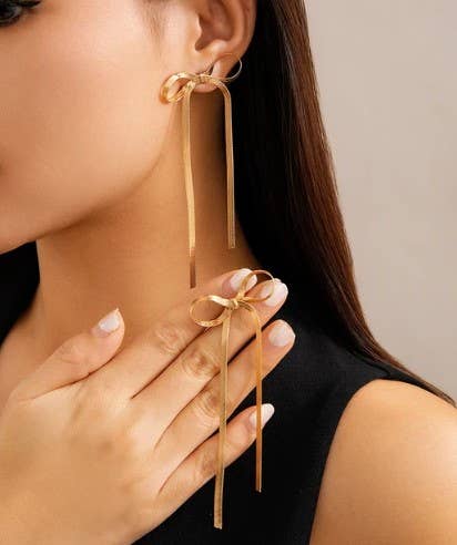 Gold Bow Chain Statement Earrings