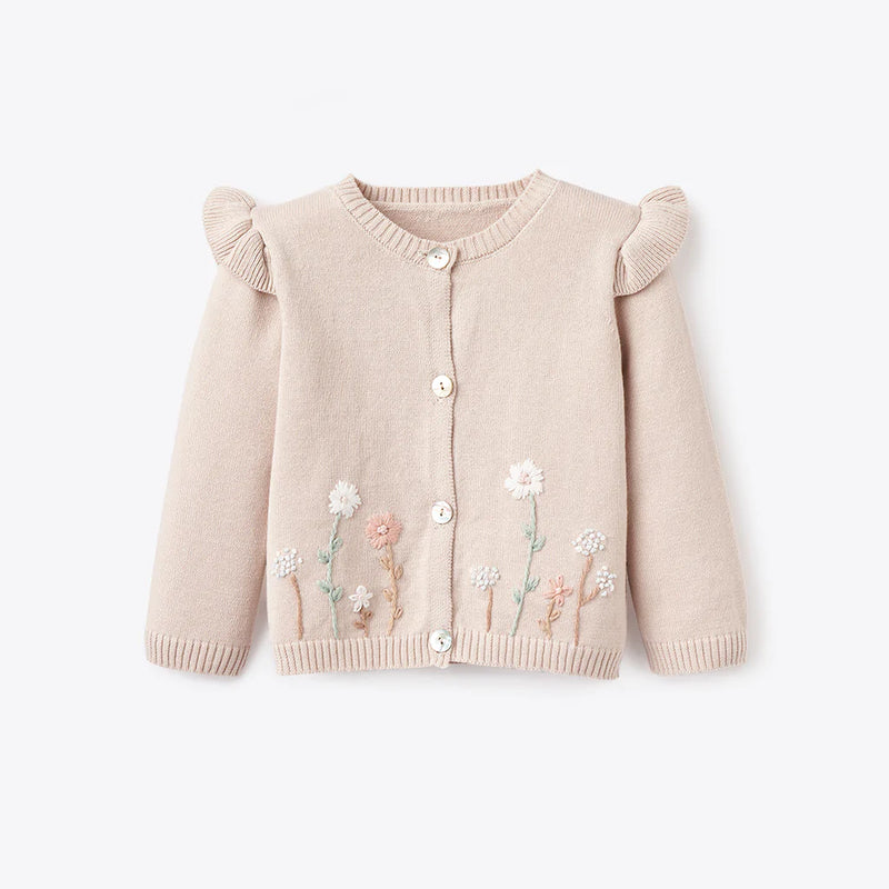 Taupe Flutter Sleeve Hand Embroidered Sweater