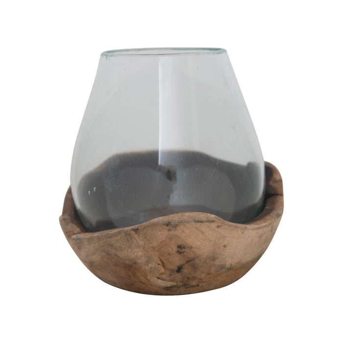 Glass Vase/Hurricane on Natural Wood Base