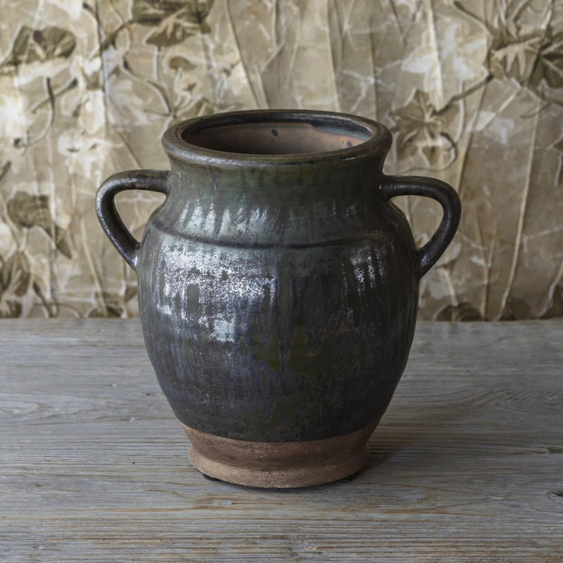 Aged Olive Dripped Glazed Pottery Jardinere Small
