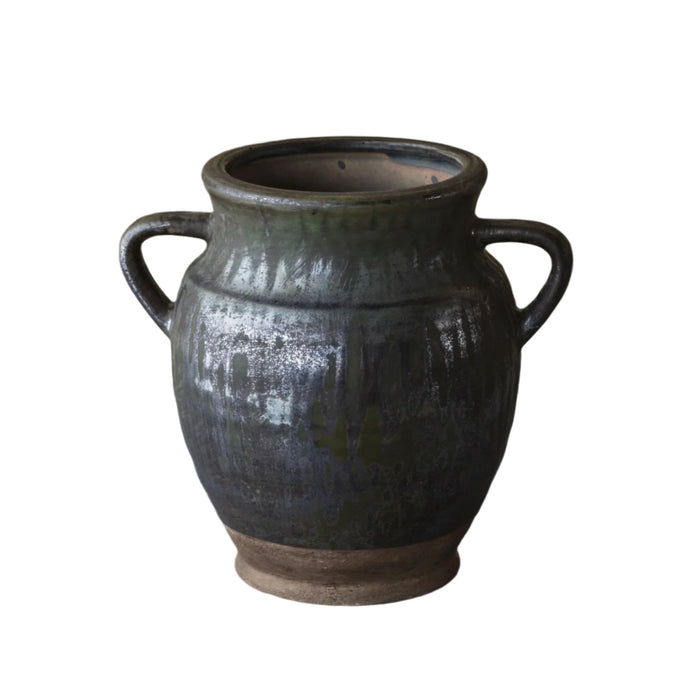 Aged Olive Dripped Glazed Pottery Jardinere Small