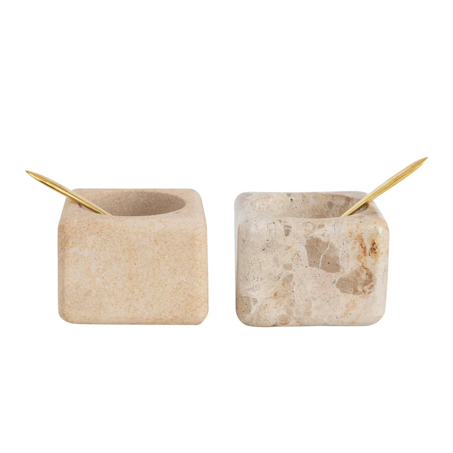 Marble Sandstone Pinch Pot with Brass Spoon, Set of 2, 2 colors
