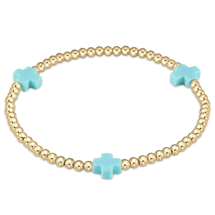 signature cross gold pattern 3mm bead bracelet - turquoise