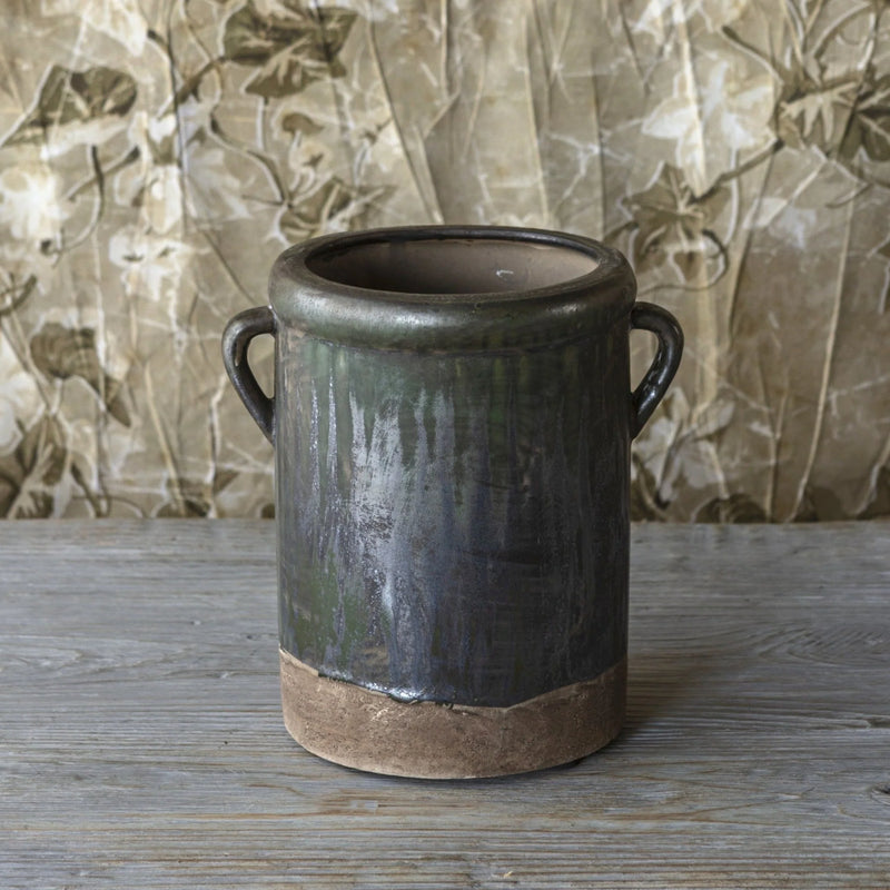Aged Olive Dripped Glazed Pottery Crock Small