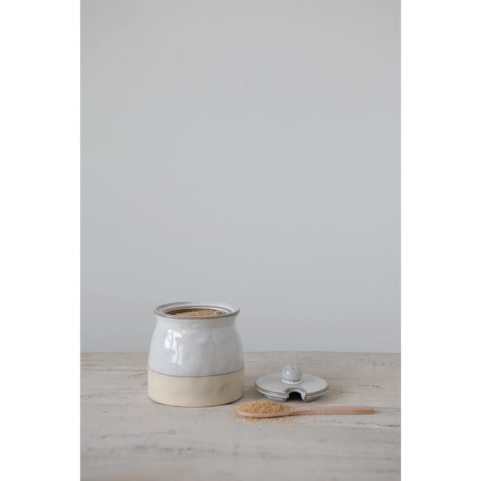 Sugar Pot with Lid and Wood Spoon, Set of 2
